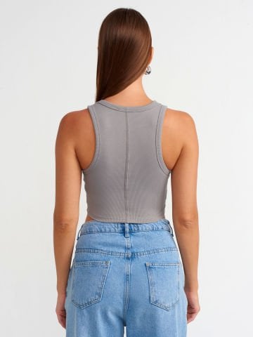 Dilvin 20820 Dikiş Efektli Crop Top-Gri