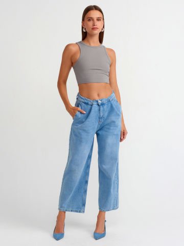 Dilvin 20820 Dikiş Efektli Crop Top-Gri