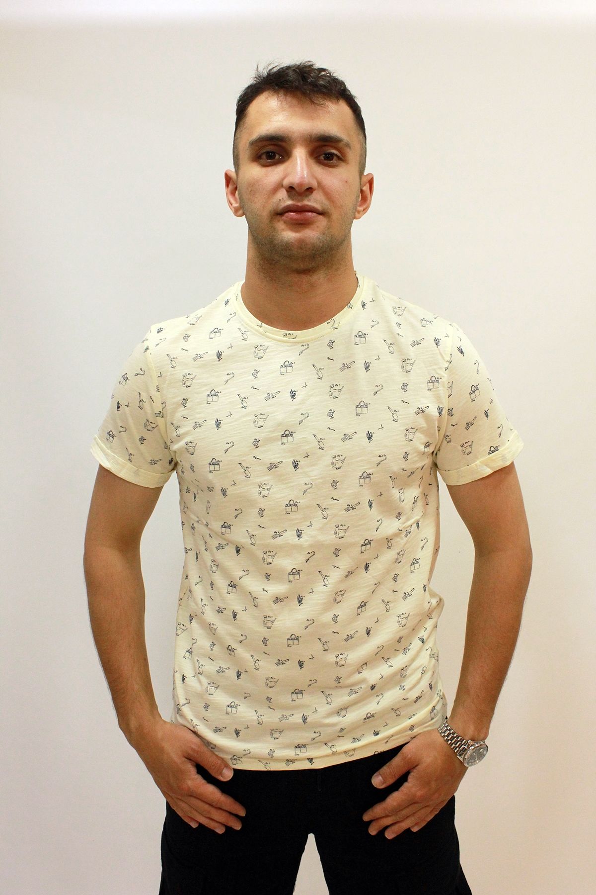 Caz 4174 Bisiklet Yaka Kendinden Desenli Erkek T-Shirt Ekru