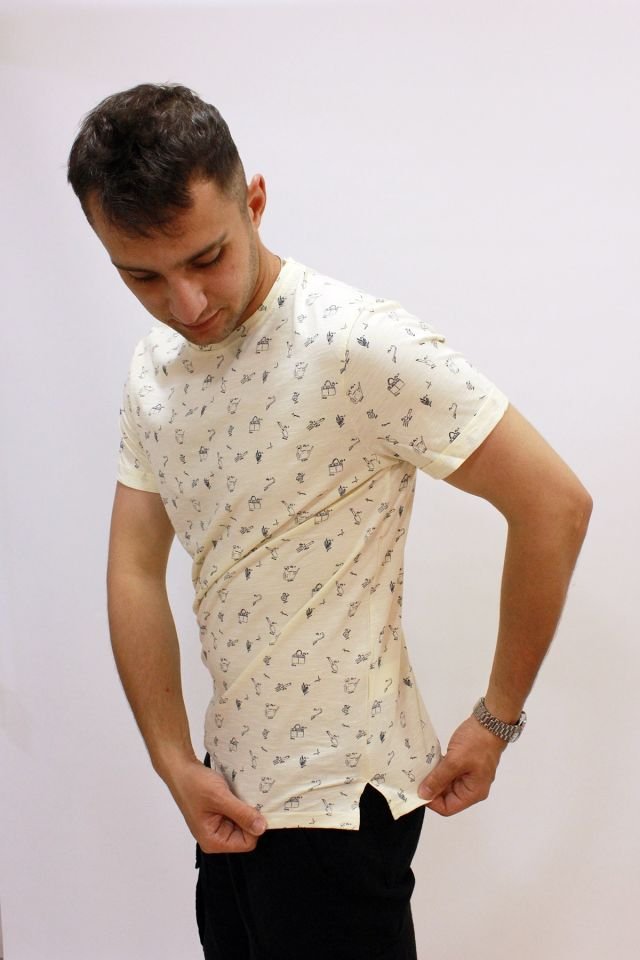 Caz 4174 Bisiklet Yaka Kendinden Desenli Erkek T-Shirt Ekru