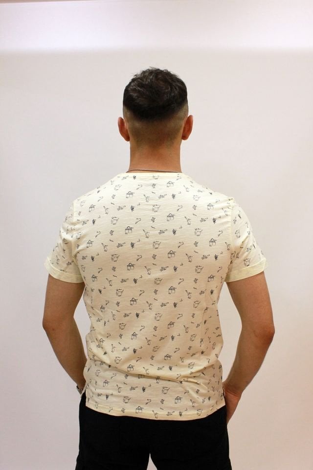 Caz 4174 Bisiklet Yaka Kendinden Desenli Erkek T-Shirt Ekru