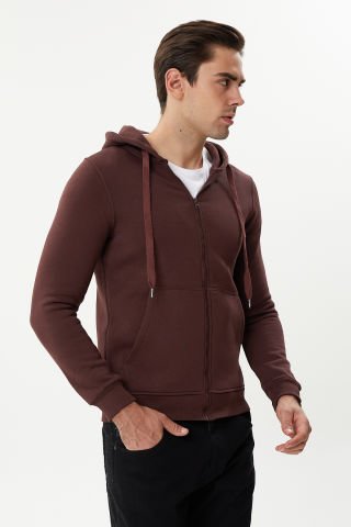 Twister ESW 2889 Burgundy Kapşonlu Fermuarlı Erkek Sweat Ceket Mürdüm
