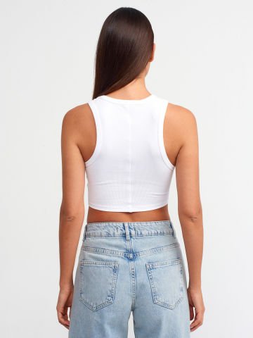 Dilvin 20820 Dikiş Efektli Crop Top-Beyaz