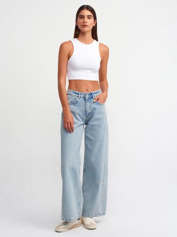 Dilvin 20820 Dikiş Efektli Crop Top-Beyaz