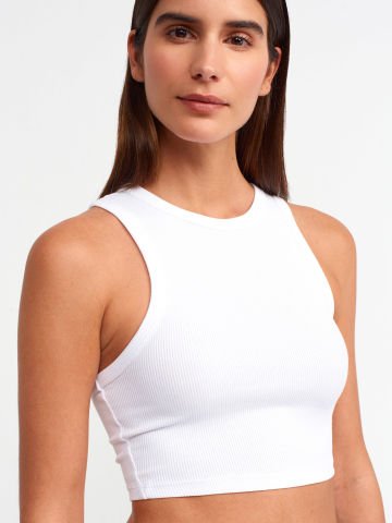 Dilvin 20820 Dikiş Efektli Crop Top-Beyaz