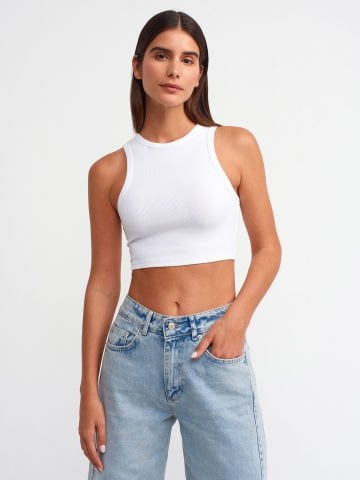 Dilvin 20820 Dikiş Efektli Crop Top-Beyaz