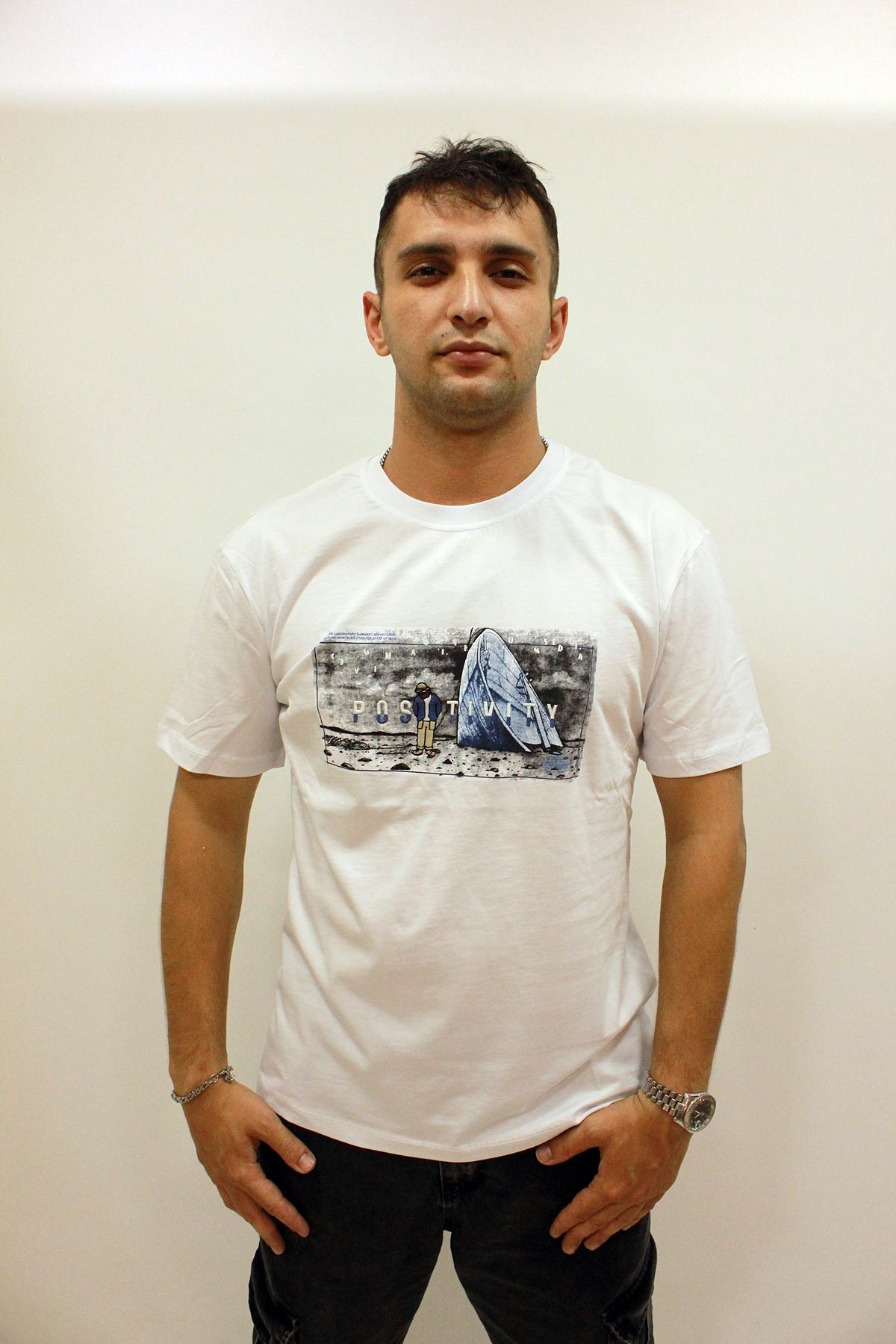 ETS 2270 Baskılı İşleme Detaylı Relax Fit Erkek T-Shirt Beyaz