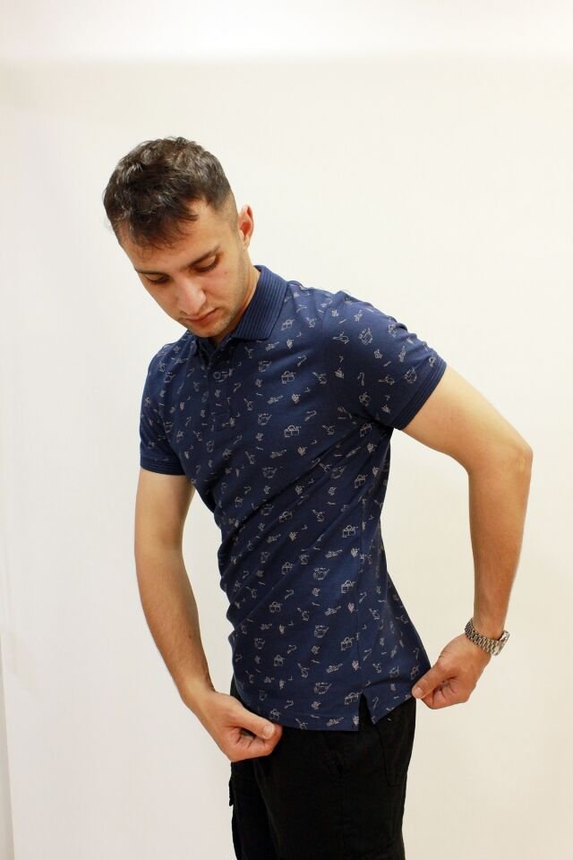Caz 4195 Kendinden Desenli Örme Yaka Erkek Polo Yaka T-shirt İndigo