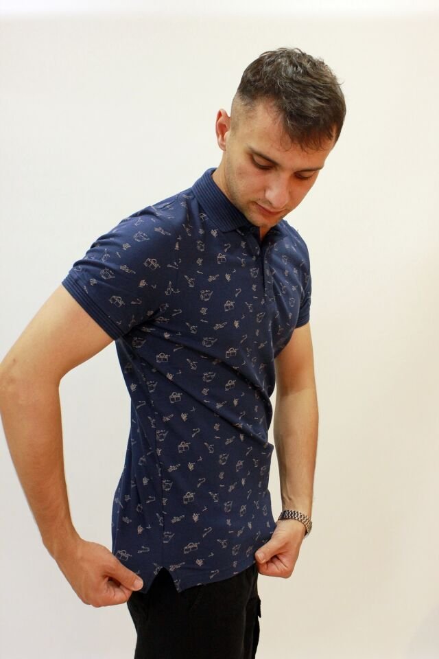 Caz 4195 Kendinden Desenli Örme Yaka Erkek Polo Yaka T-shirt İndigo