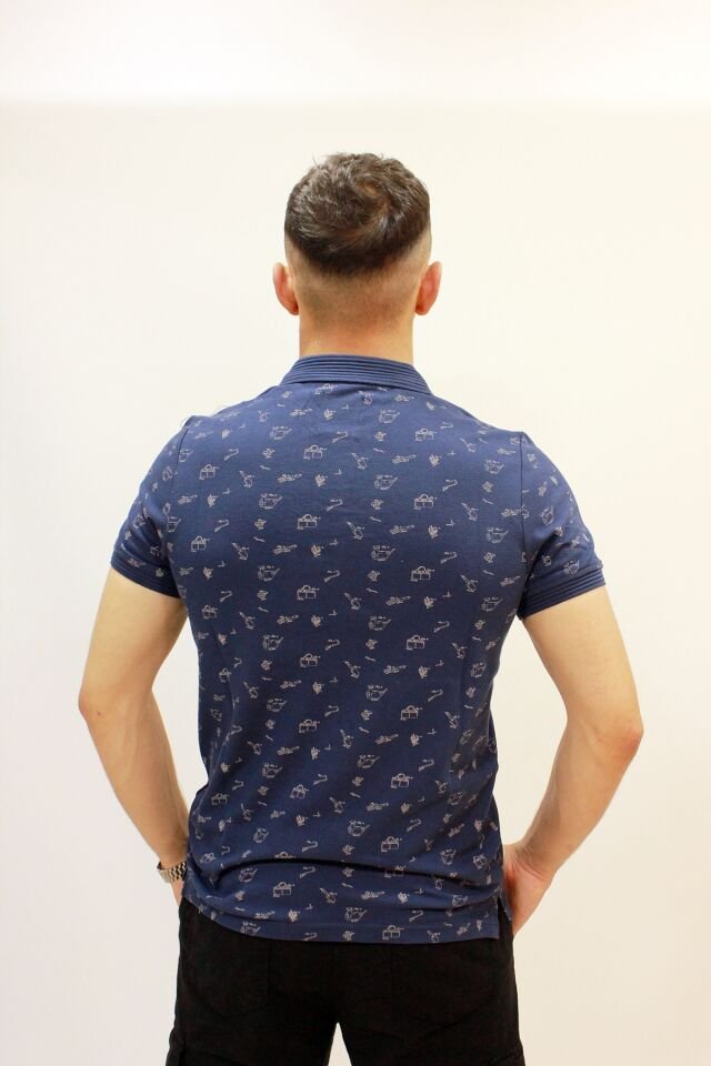 Caz 4195 Kendinden Desenli Örme Yaka Erkek Polo Yaka T-shirt İndigo