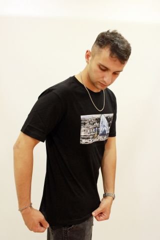 ETS 2270 Baskılı İşleme Detaylı Relax Fit Erkek T-Shirt Siyah
