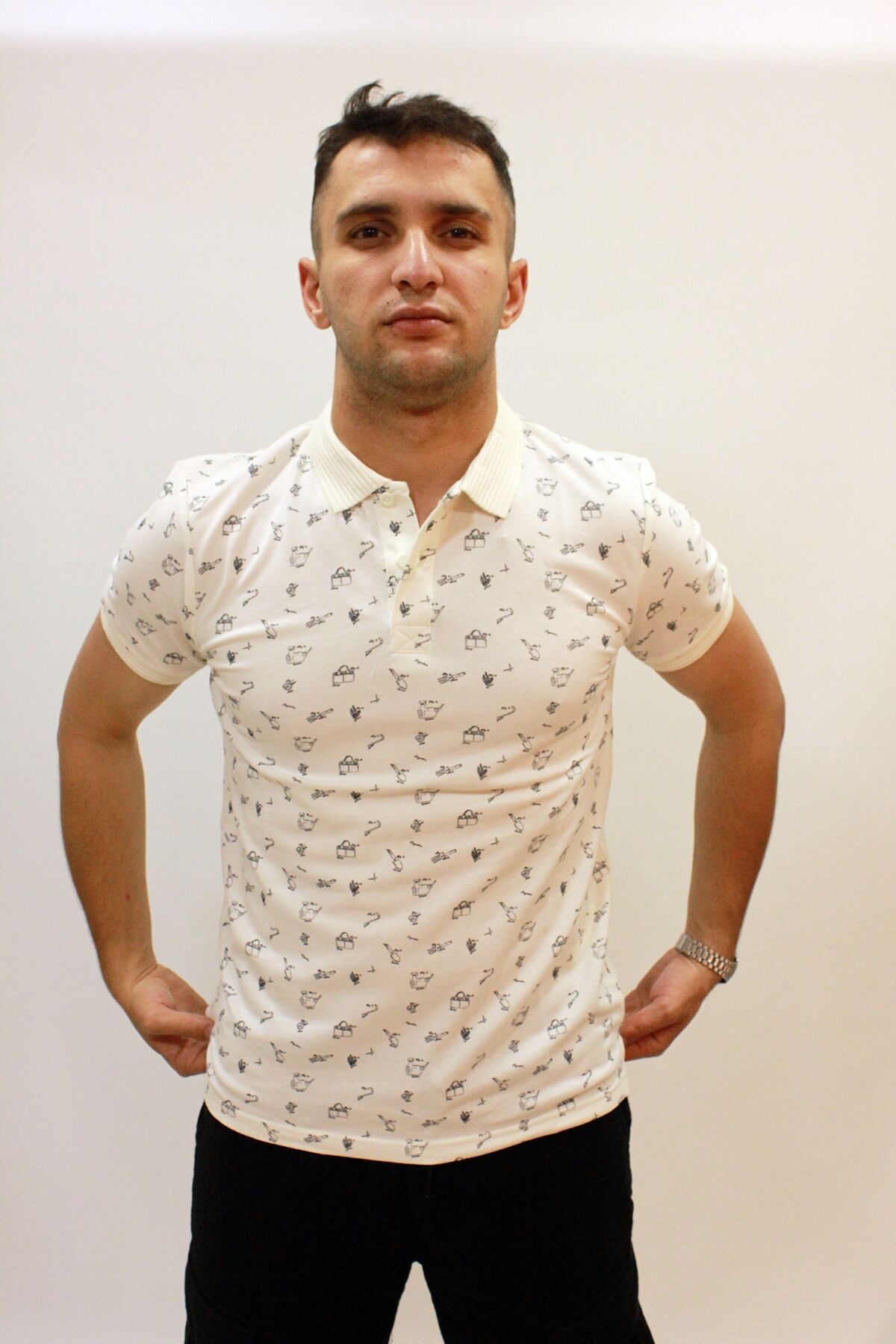 Caz 4195 Kendinden Desenli Örme Yaka Erkek Polo Yaka T-shirt Ekru