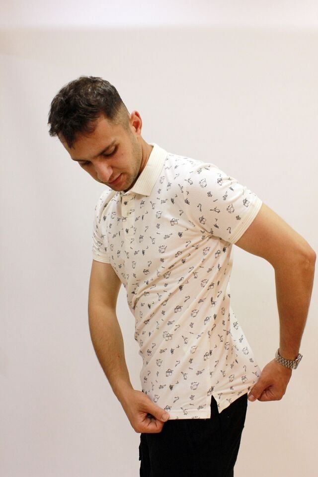 Caz 4195 Kendinden Desenli Örme Yaka Erkek Polo Yaka T-shirt Ekru