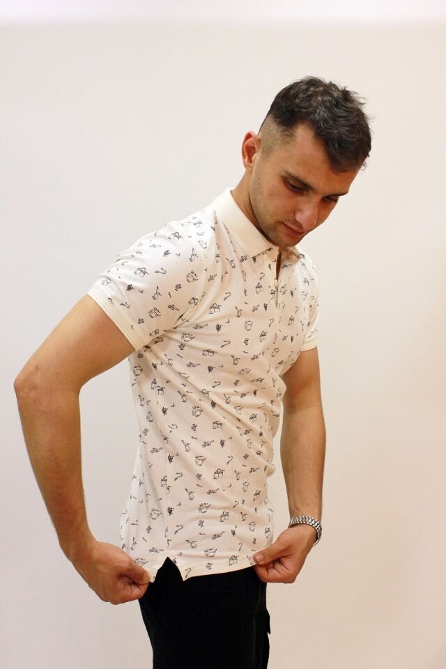 Caz 4195 Kendinden Desenli Örme Yaka Erkek Polo Yaka T-shirt Ekru