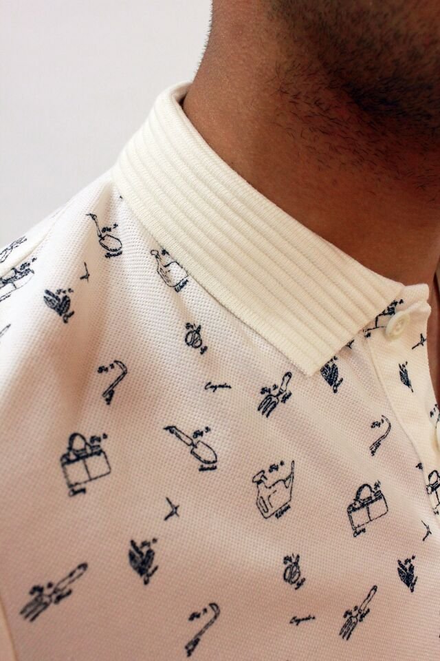 Caz 4195 Kendinden Desenli Örme Yaka Erkek Polo Yaka T-shirt Ekru