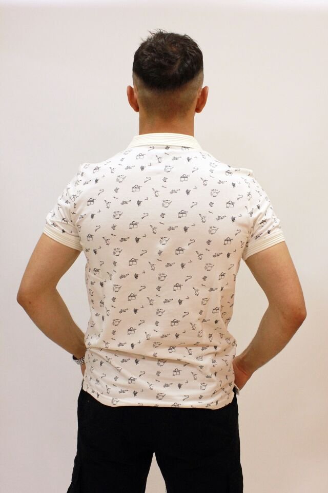 Caz 4195 Kendinden Desenli Örme Yaka Erkek Polo Yaka T-shirt Ekru