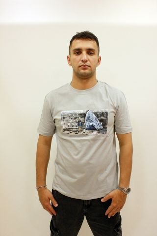 ETS 2270 Baskılı İşleme Detaylı Relax Fit Erkek T-Shirt Açık Gri
