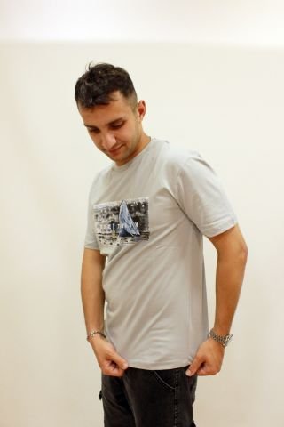 ETS 2270 Baskılı İşleme Detaylı Relax Fit Erkek T-Shirt Açık Gri