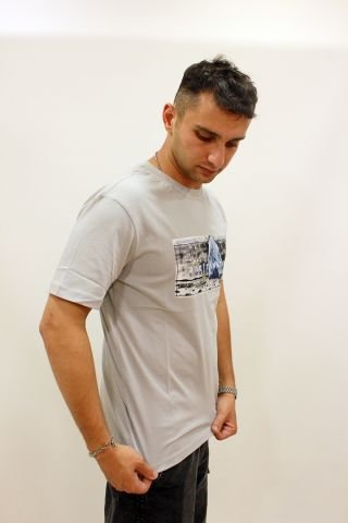 ETS 2270 Baskılı İşleme Detaylı Relax Fit Erkek T-Shirt Açık Gri