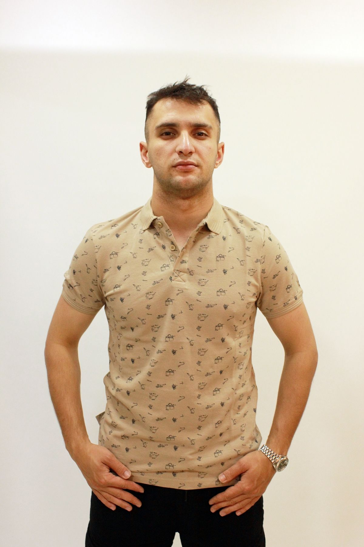 Caz 4195 Kendinden Desenli Örme Yaka Erkek Polo Yaka T-shirt Safari