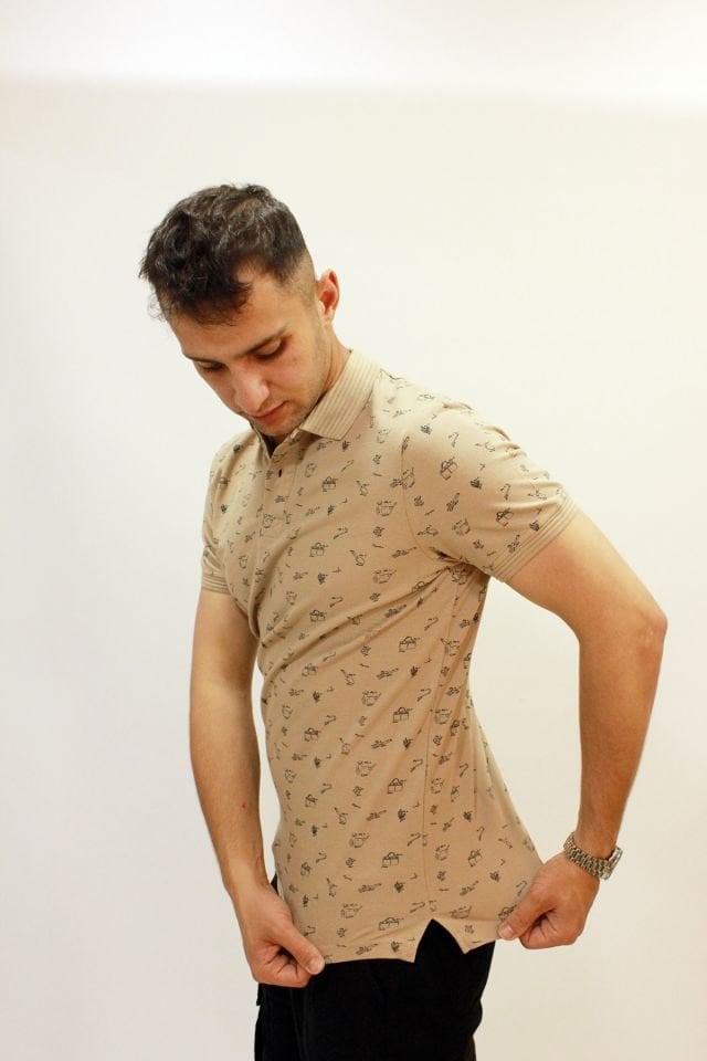 Caz 4195 Kendinden Desenli Örme Yaka Erkek Polo Yaka T-shirt Safari
