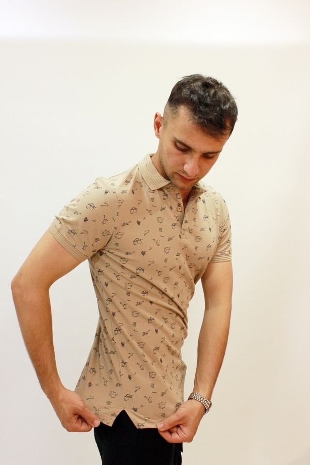 Caz 4195 Kendinden Desenli Örme Yaka Erkek Polo Yaka T-shirt Safari