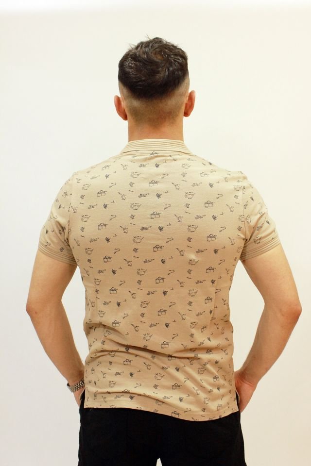 Caz 4195 Kendinden Desenli Örme Yaka Erkek Polo Yaka T-shirt Safari