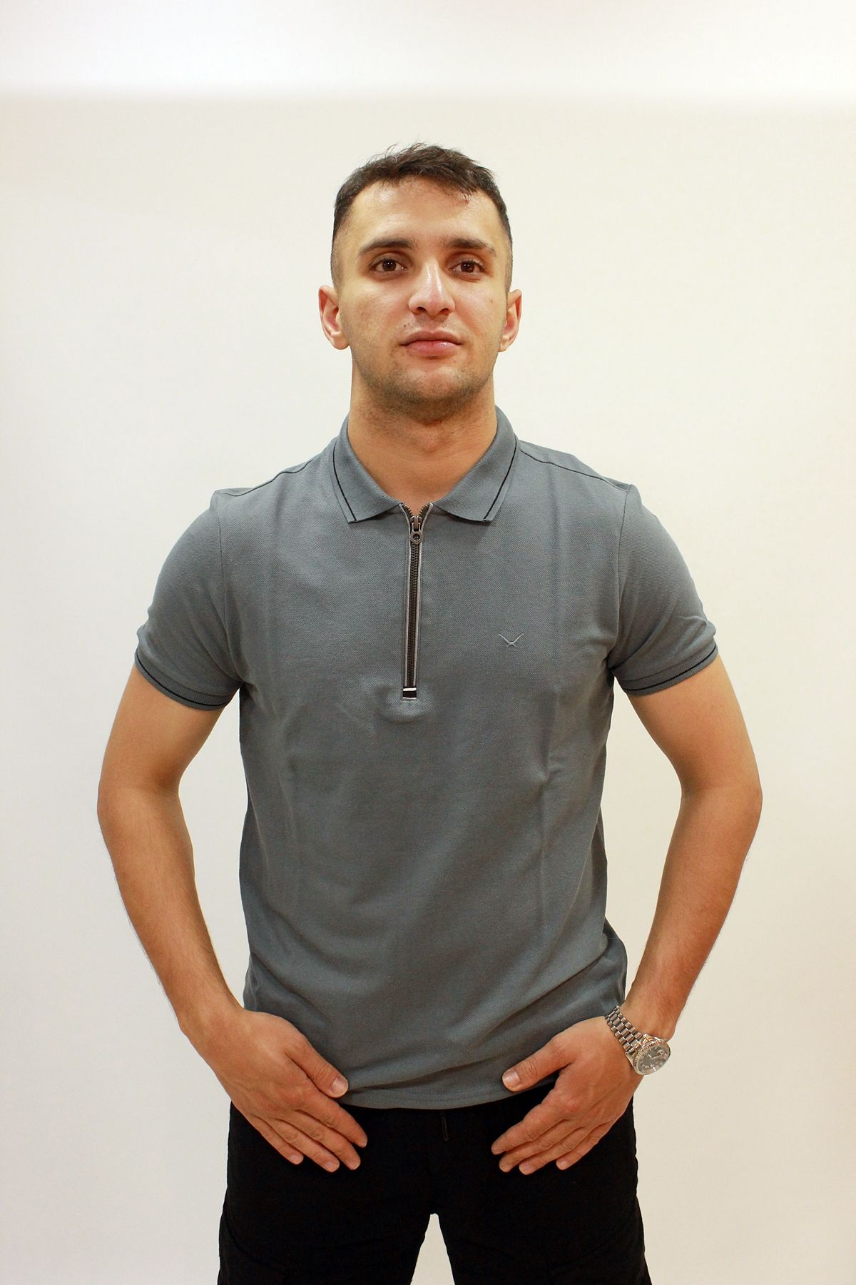 Caz 4230 Fermuarlı Erkek Polo Yaka T-shirt Gri