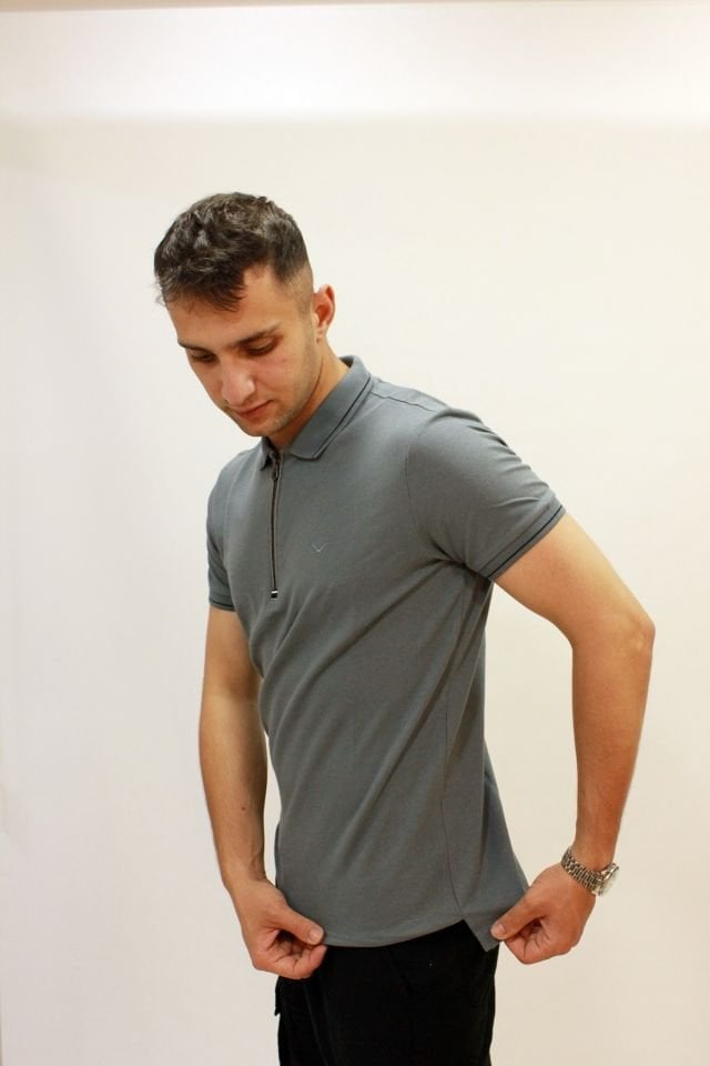 Caz 4230 Fermuarlı Erkek Polo Yaka T-shirt Gri
