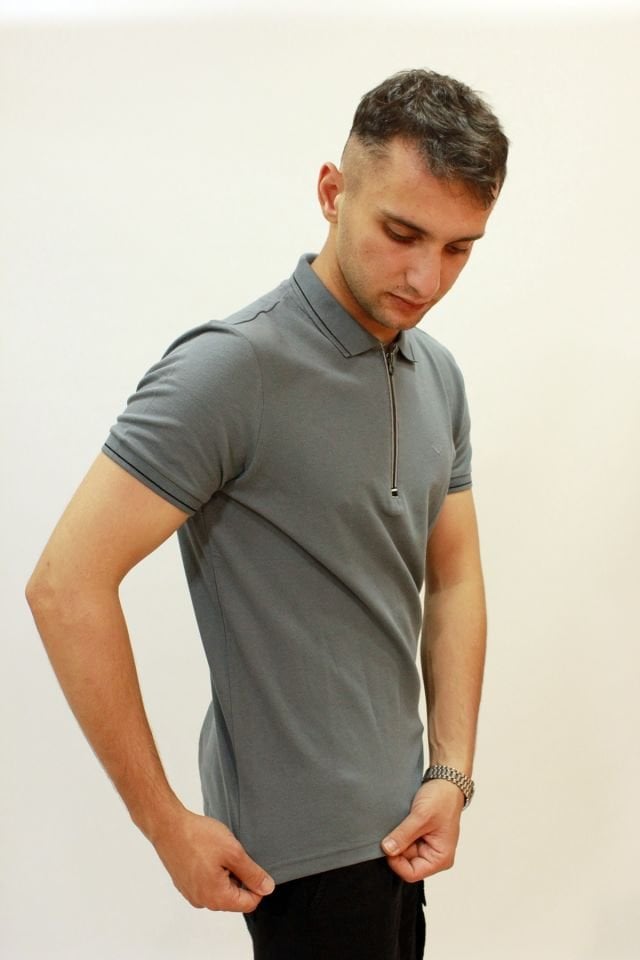 Caz 4230 Fermuarlı Erkek Polo Yaka T-shirt Gri