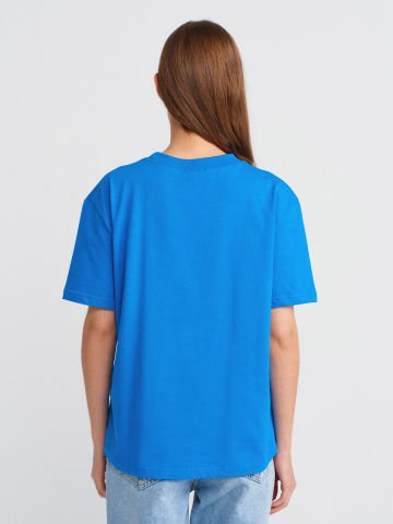 Dilvin 30312 Dekoratif Dikişli Bisiklet Yaka Tshirt-Saks