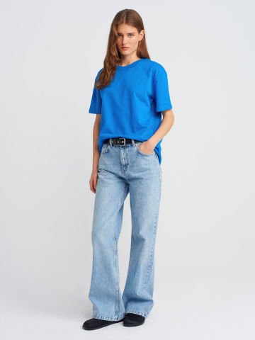 Dilvin 30312 Dekoratif Dikişli Bisiklet Yaka Tshirt-Saks