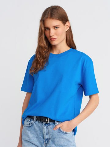 Dilvin 30312 Dekoratif Dikişli Bisiklet Yaka Tshirt-Saks