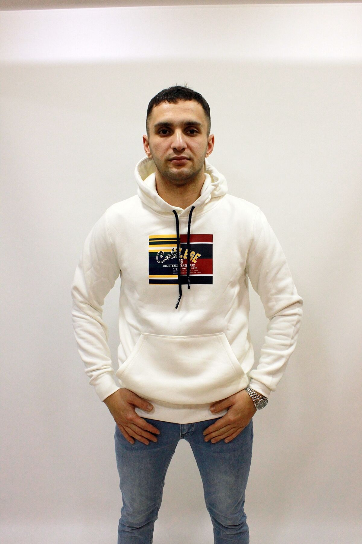 Caz 5119 3 İplik Kapşonlu Baskılı Erkek Kalın Sweat Ekru