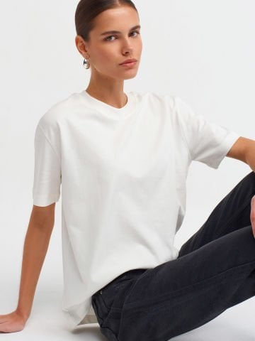 Dilvin 30312 Dekoratif Dikişli Bisiklet Yaka Tshirt-ekru