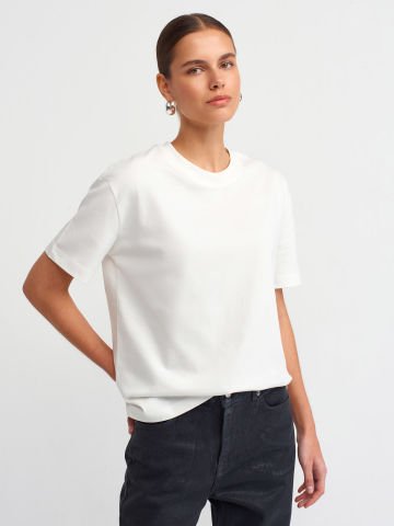 Dilvin 30312 Dekoratif Dikişli Bisiklet Yaka Tshirt-ekru