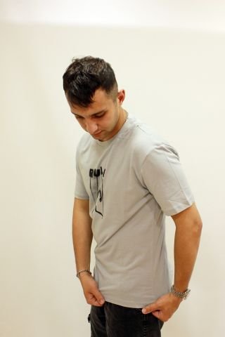 ETS 2272 Baskılı Bisiklet Yaka Erkek T-shirt Buz Gri