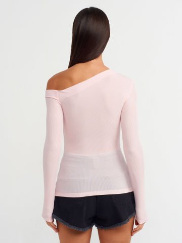 Dilvin 30475 Asimetrik Yaka Uzun Kollu Top-Açık Pembe