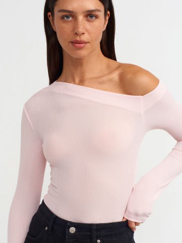 Dilvin 30475 Asimetrik Yaka Uzun Kollu Top-Açık Pembe