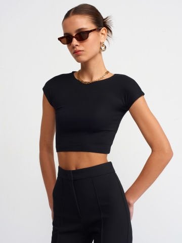 Dilvin 30528 Pamuk ve Modal Karışımlı Crop Top-Siyah