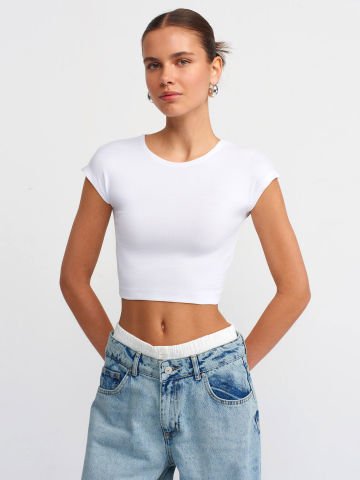 Dilvin 30528 Pamuk ve Modal Karışımlı Crop Top-Beyaz