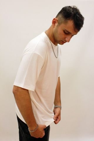 CAZ 4063 Dokulu Kumaş Bisiklet Yaka Relax Fit Erkek T-shirt Beyaz