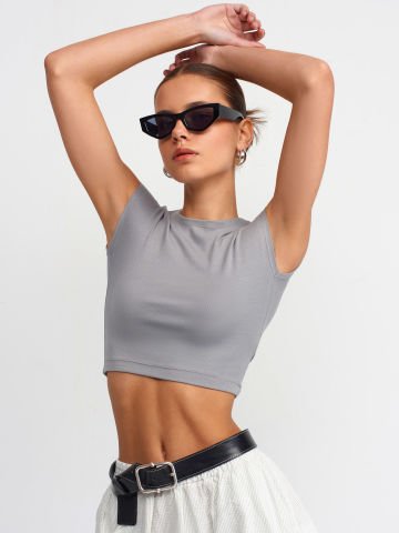 Dilvin 30528 Pamuk ve Modal Karışımlı Crop Top-Gri