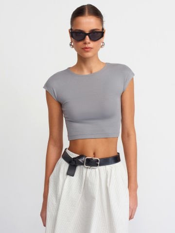 Dilvin 30528 Pamuk ve Modal Karışımlı Crop Top-Gri