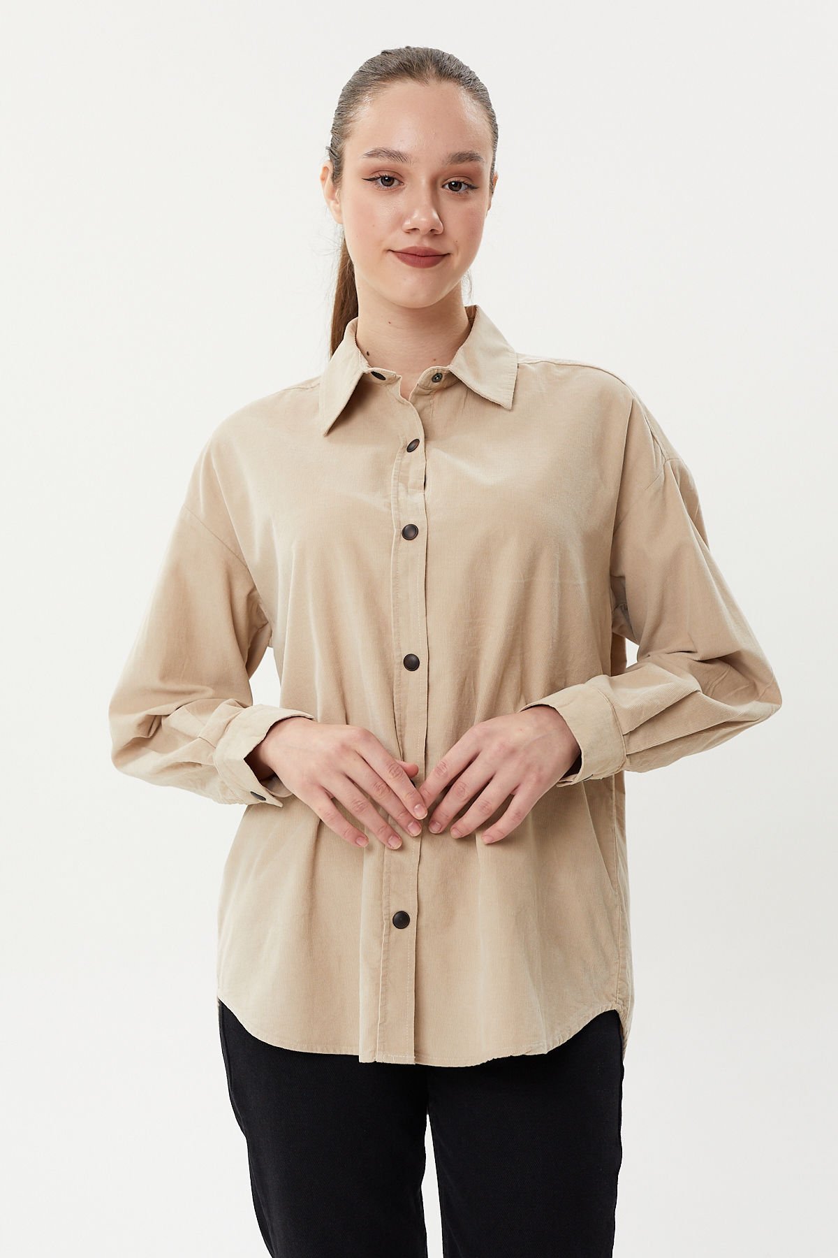 BG 825 Çıtçıtlı Oversize Kadın Kadife Gömlek Taş