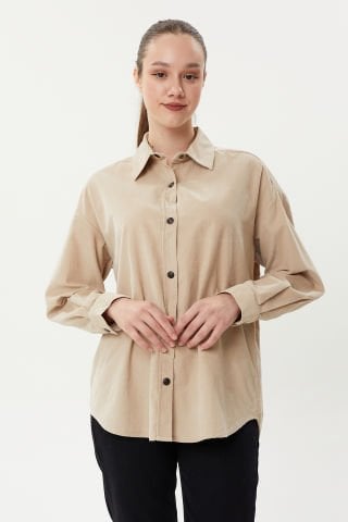 BG 825 Çıtçıtlı Oversize Kadın Kadife Gömlek Taş