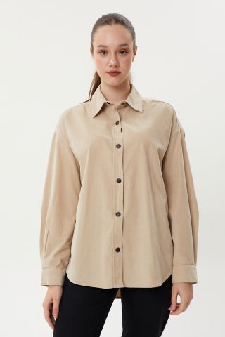 BG 825 Çıtçıtlı Oversize Kadın Kadife Gömlek Taş