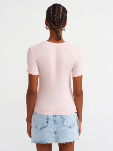 Dilvin 30747 Bisiklet Yaka Basic T-shirt-Pudra