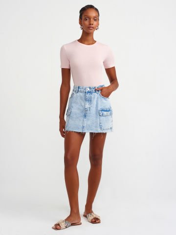 Dilvin 30747 Bisiklet Yaka Basic T-shirt-Pudra