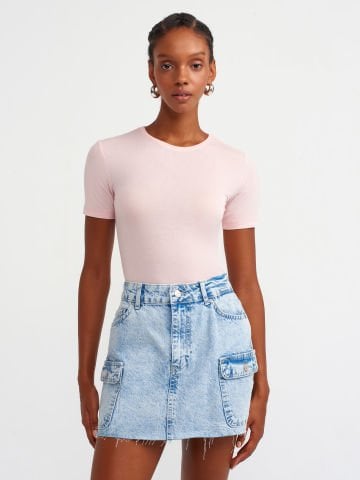 Dilvin 30747 Bisiklet Yaka Basic T-shirt-Pudra